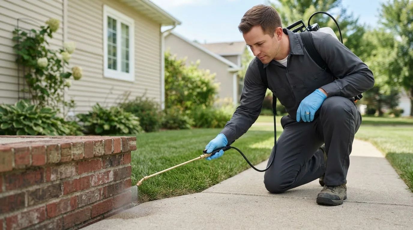 Pest control technician treating a home near Eckley, CO